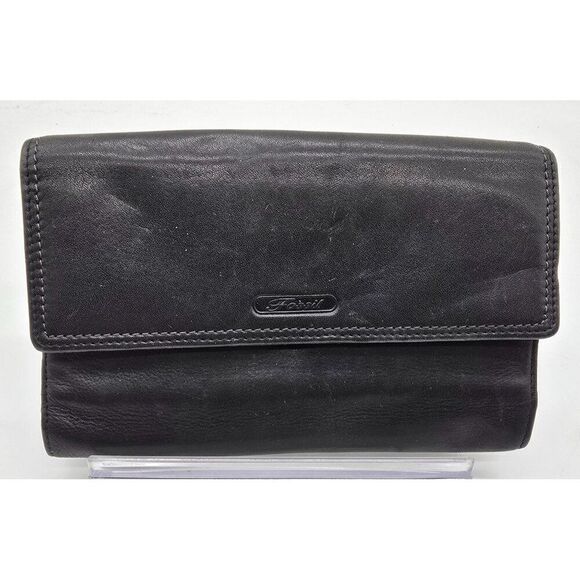 Fossil Black Leather Wallet With Multiple Card Slots & Zipper Pocket - Picture 1 of 4